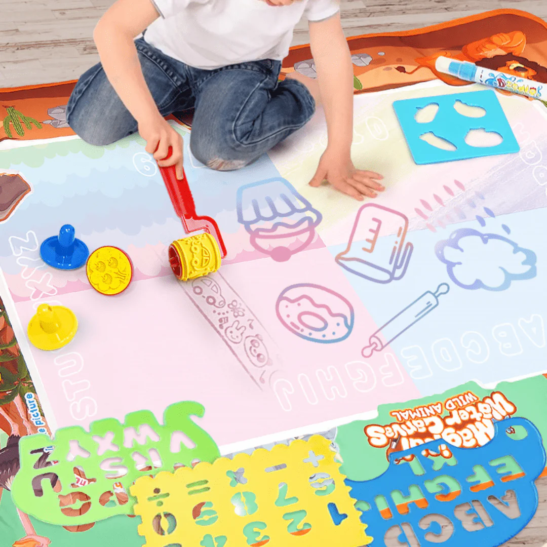 Reusable Magic water doodle mat (Educational toys for kids) with Stencil & brush pen