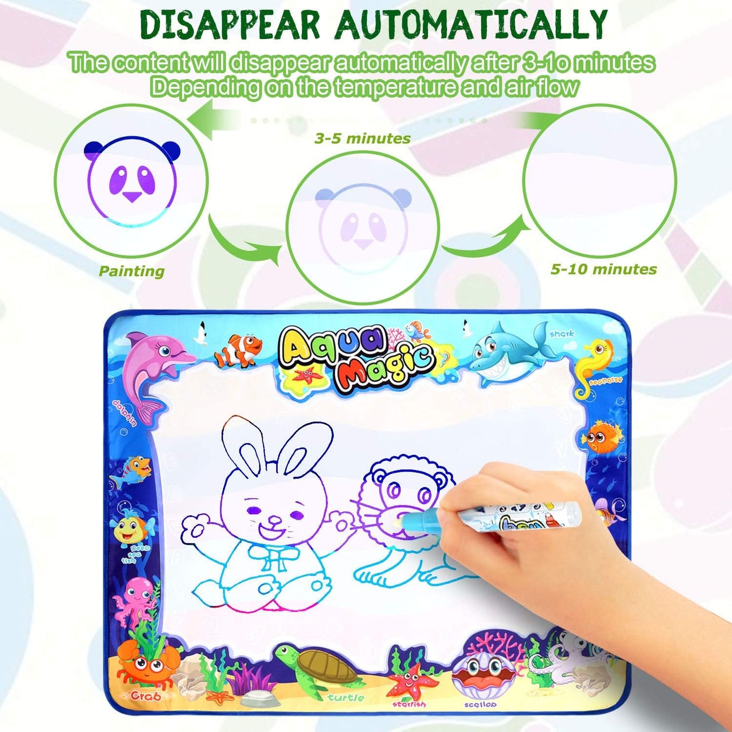 Reusable Magic water doodle mat (Educational toys for kids) with Stencil & brush pen