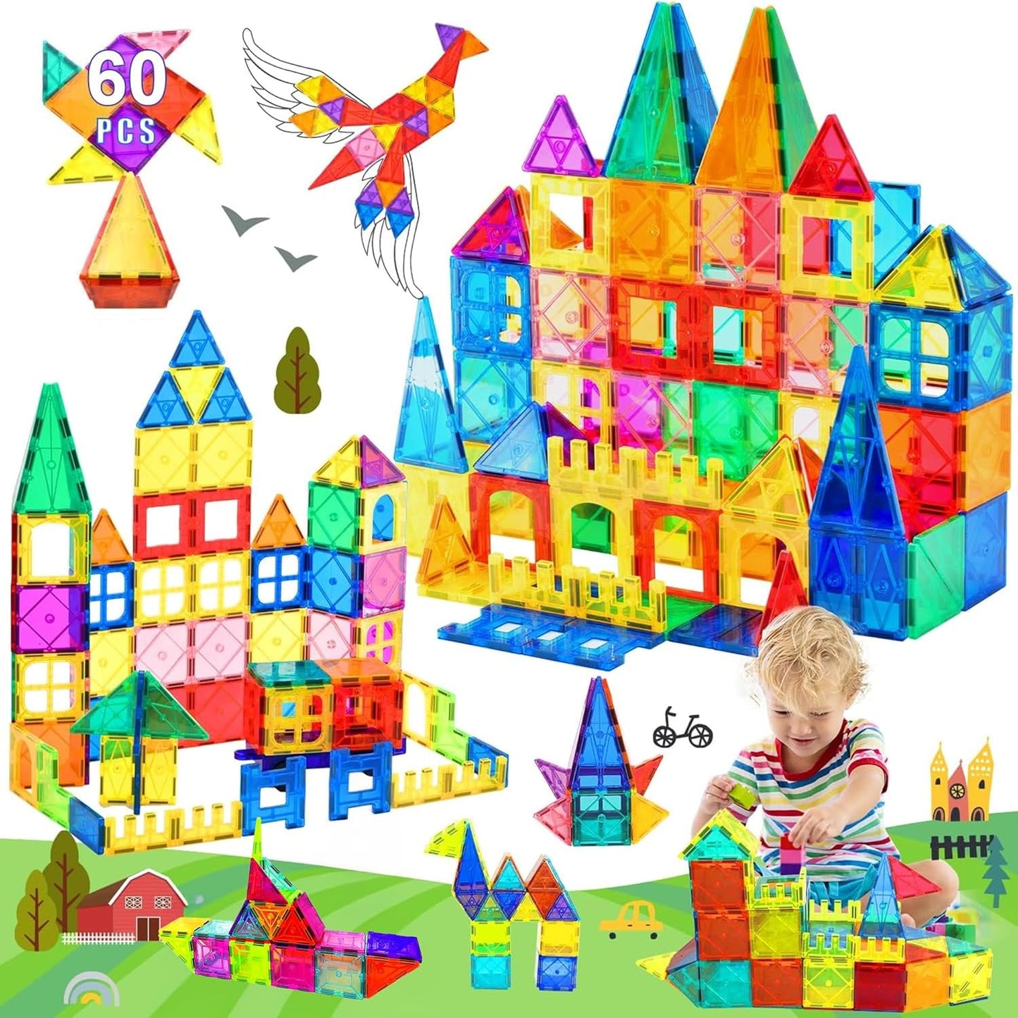 60 piece Magnetic tiles Building blocks (3D Clear Educational STEM Toys)